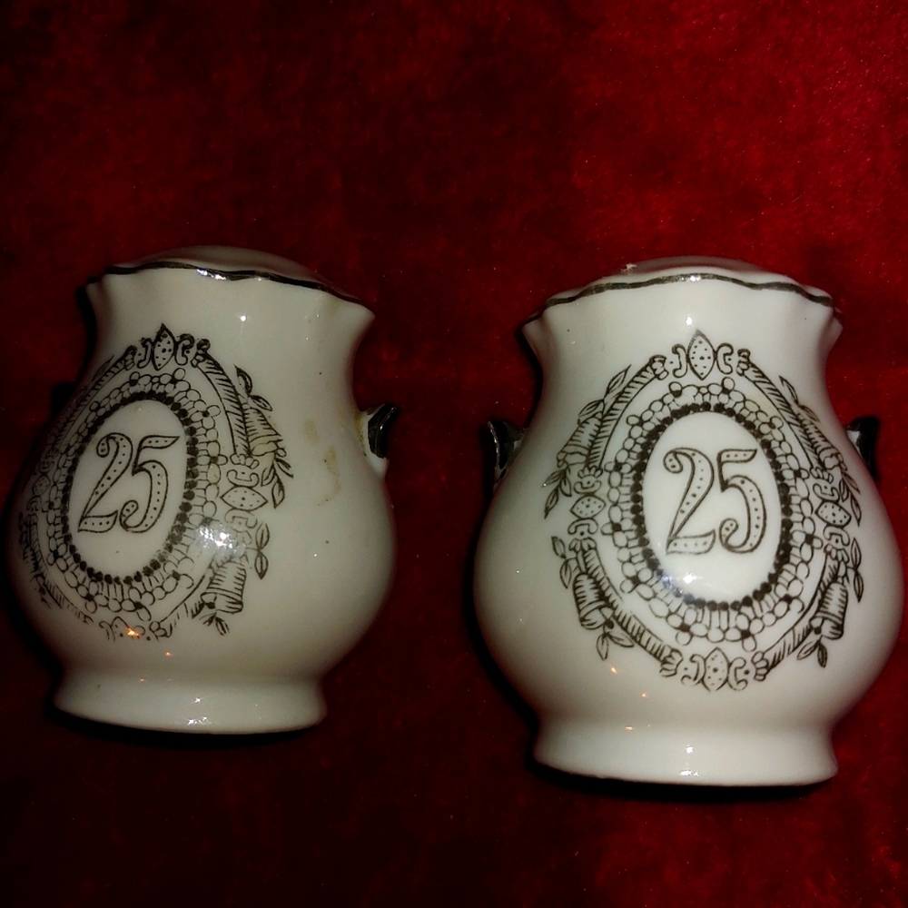 Vintage Porcelain 25th wedding anniversary Salt & Pepper Shakers & Creamer